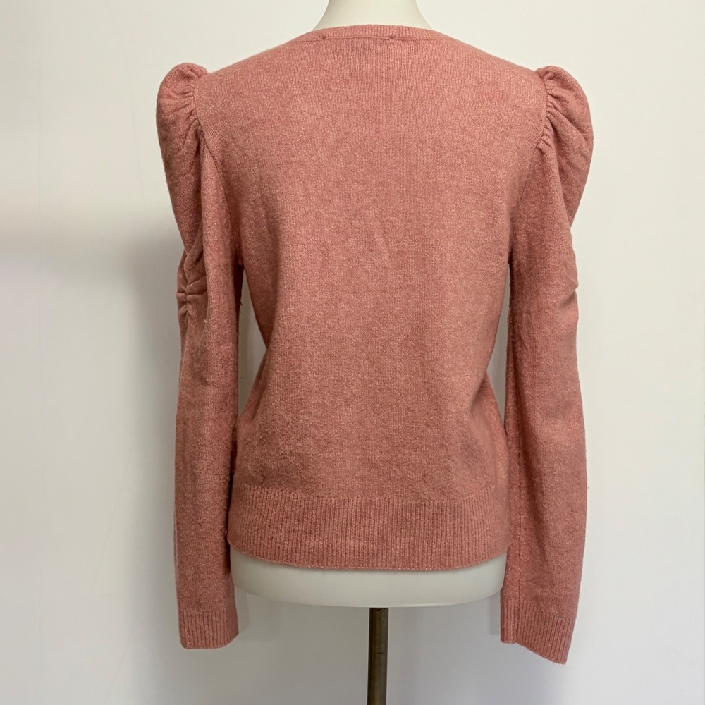 White House Black Market Sweater Medium Rose Pink Puff Shoulder Ruched V-Neck - Picture 5 of 10